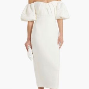 Badgley Mischka Women's White Off-the-shoulder Embellished Scuba Midi Dress